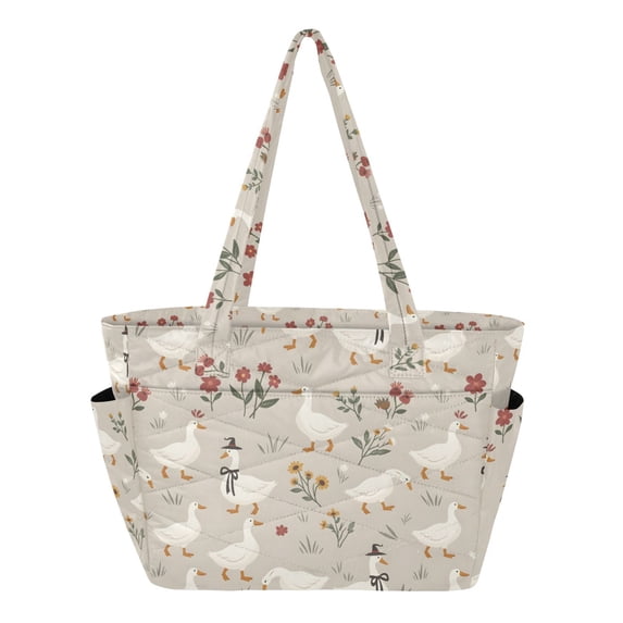 FORMRS Tote Bag for Women Quilted Large Capacity Travel Work Carry On Shoulder Handbag, Gray Cartoon Goose Pattern