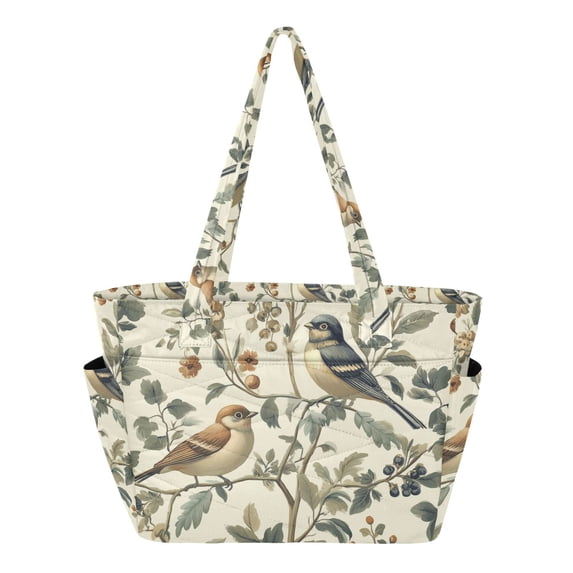 FORMRS Tote Bag for Women Quilted Large Capacity Travel Work Carry On Shoulder Handbag, Green Birds