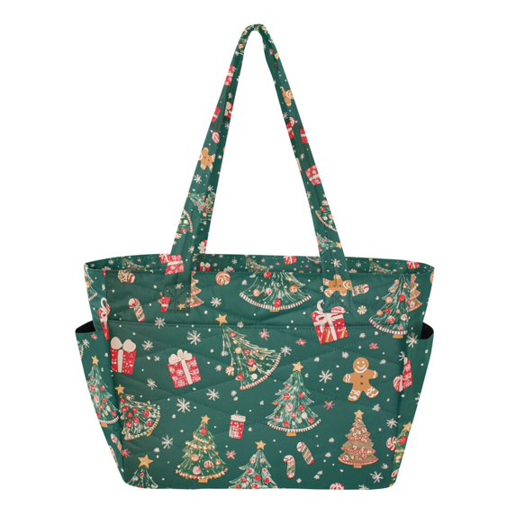 FORMRS Tote Bag for Women Quilted Large Capacity Travel Work Carry On Shoulder Handbag, Green Christmas Gingerbread