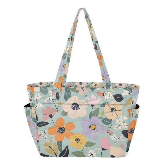 FORMRS Tote Bag for Women Quilted Large Capacity Travel Work Carry On Shoulder Handbag, Green Floral Pattern