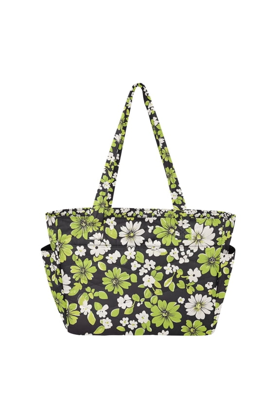 Tote Bag for Women Quilted Large Capacity Travel Work Carry On Shoulder Handbag, Green Flower Pattern
