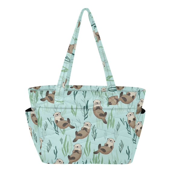 FORMRS Tote Bag for Women Quilted Large Capacity Travel Work Carry On Shoulder Handbag, Green Otters Pattern