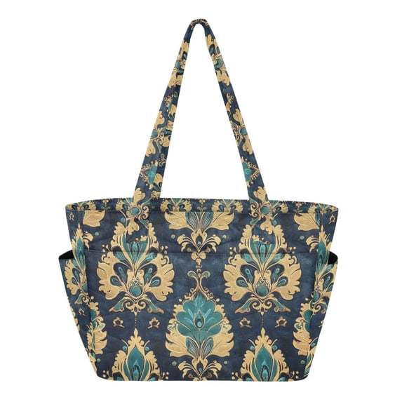 FORMRS Tote Bag for Women Quilted Large Capacity Travel Work Carry On Shoulder Handbag, Green Peacock Pattern