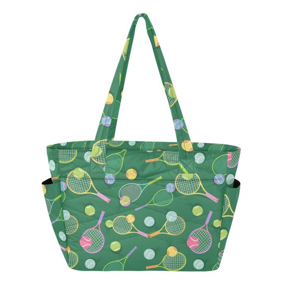 FORMRS Tote Bag for Women Quilted Large Capacity Travel Work Carry On Shoulder Handbag, Green Tennis Pattern