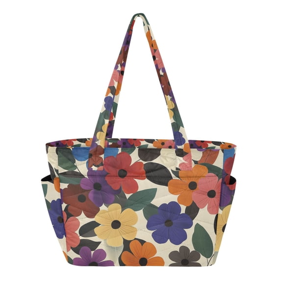FORMRS Tote Bag for Women Quilted Large Capacity Travel Work Carry On Shoulder Handbag, Large Colorful Flowers Pattern