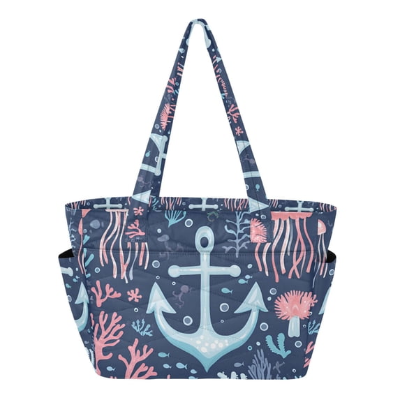FORMRS Tote Bag for Women Quilted Large Capacity Travel Work Carry On Shoulder Handbag, Light Blue Anchor