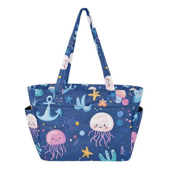 FORMRS Tote Bag for Women Quilted Large Capacity Travel Work Carry On Shoulder Handbag, Light Pink Jellyfish