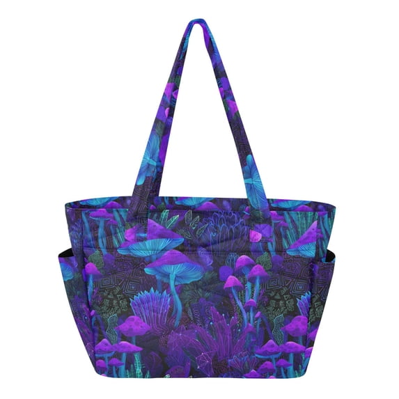FORMRS Tote Bag for Women Quilted Large Capacity Travel Work Carry On Shoulder Handbag, Night Mushrooms Pattern