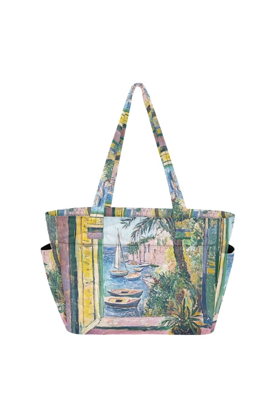 Tote Bag for Women Quilted Large Capacity Travel Work Carry On Shoulder Handbag, Ocean Boat