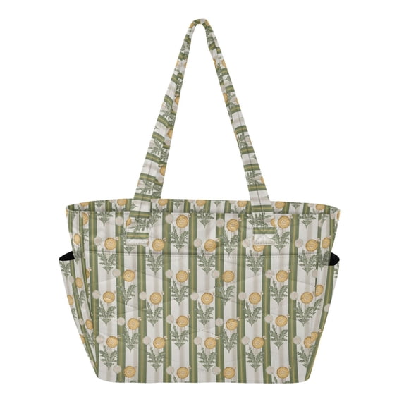FORMRS Tote Bag for Women Quilted Large Capacity Travel Work Carry On Shoulder Handbag, Olive Green Flowers