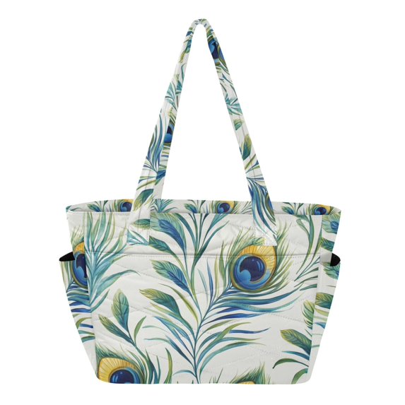 FORMRS Tote Bag for Women Quilted Large Capacity Travel Work Carry On Shoulder Handbag, Peacock Feather