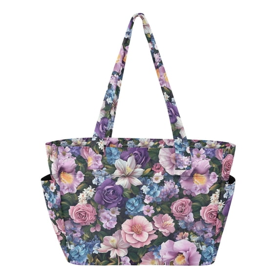 FORMRS Tote Bag for Women Quilted Large Capacity Travel Work Carry On Shoulder Handbag, Pink and Purple Flowers