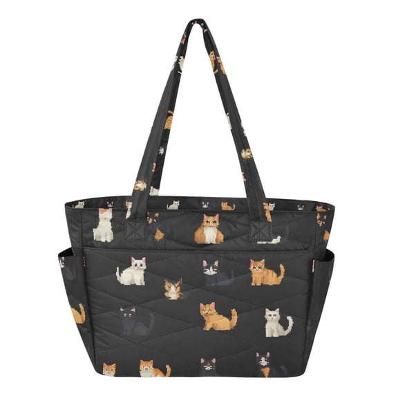 FORMRS Tote Bag for Women Quilted Large Capacity Travel Work Carry On Shoulder Handbag, Pixel Cat