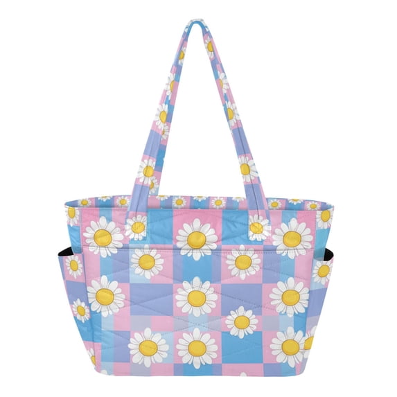 FORMRS Tote Bag for Women Quilted Large Capacity Travel Work Carry On Shoulder Handbag, Playful Daisy