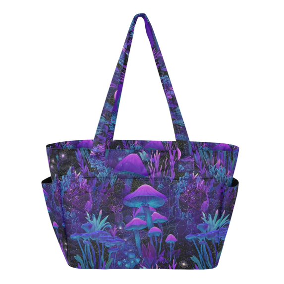 FORMRS Tote Bag for Women Quilted Large Capacity Travel Work Carry On Shoulder Handbag, Purple Mushrooms Pattern