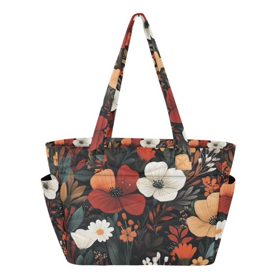 FORMRS Tote Bag for Women Quilted Large Capacity Travel Work Carry On Shoulder Handbag, Red Flowers Pattern