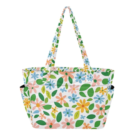 FORMRS Tote Bag for Women Quilted Large Capacity Travel Work Carry On Shoulder Handbag, Retro Blue Floral