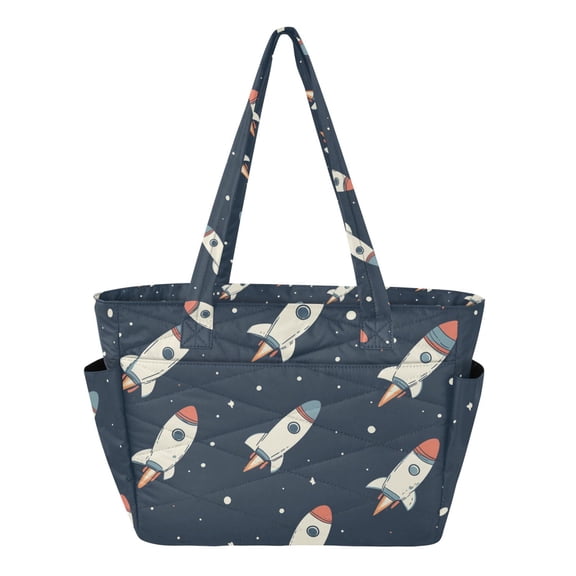 FORMRS Tote Bag for Women Quilted Large Capacity Travel Work Carry On Shoulder Handbag, Rocket Pattern