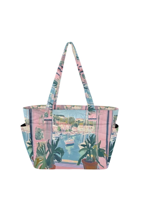 Tote Bag for Women Quilted Large Capacity Travel Work Carry On Shoulder Handbag, Sea Boat