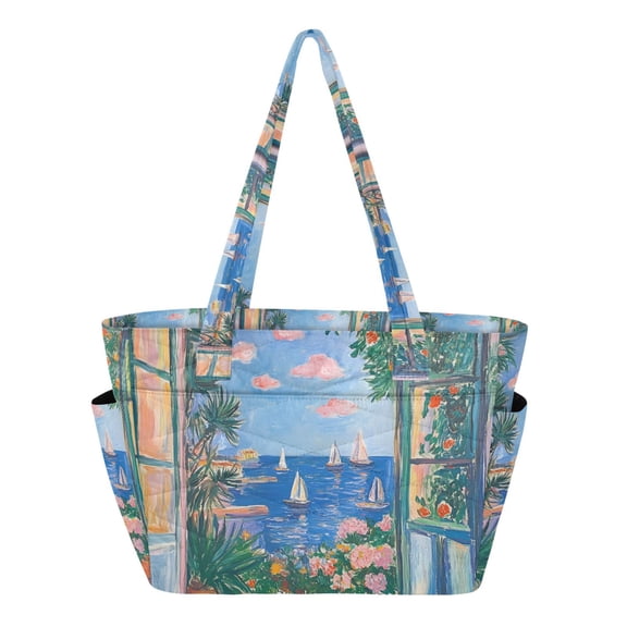 FORMRS Tote Bag for Women Quilted Large Capacity Travel Work Carry On Shoulder Handbag, Sea Window