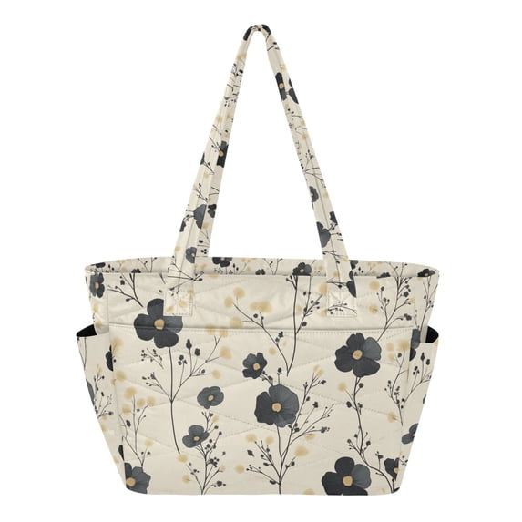 FORMRS Tote Bag for Women Quilted Large Capacity Travel Work Carry On Shoulder Handbag, Small Black Flowers