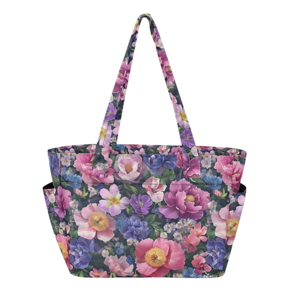 FORMRS Tote Bag for Women Quilted Large Capacity Travel Work Carry On Shoulder Handbag, Soft Pinks Flowers