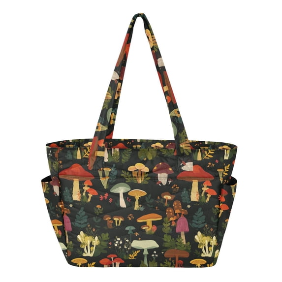 FORMRS Tote Bag for Women Quilted Large Capacity Travel Work Carry On Shoulder Handbag, Various Mushrooms Pattern