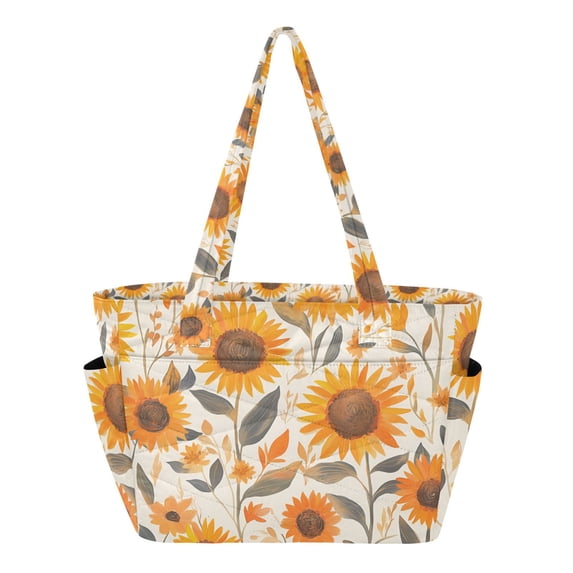 FORMRS Tote Bag for Women Quilted Large Capacity Travel Work Carry On Shoulder Handbag, Watercolor Sunflowers and Leaves