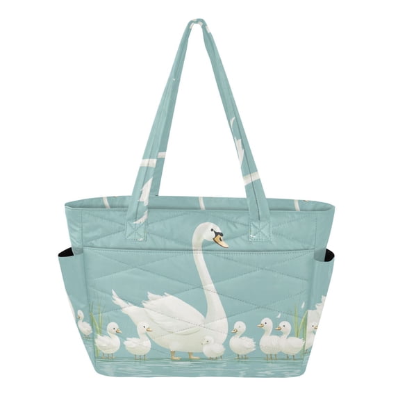 FORMRS Tote Bag for Women Quilted Large Capacity Travel Work Carry On Shoulder Handbag, White Cartoon Swan