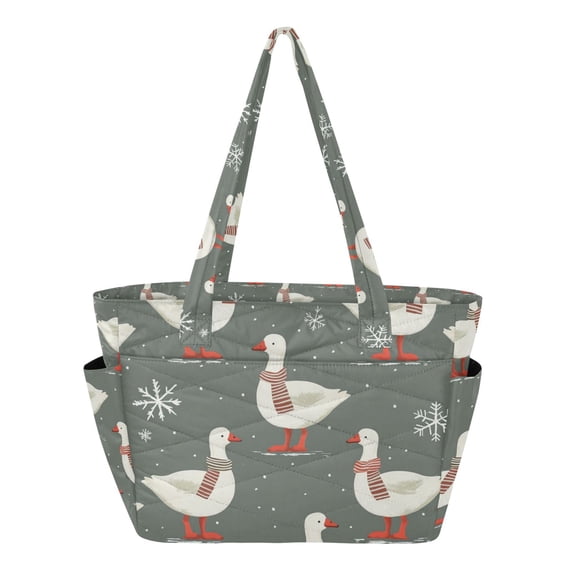 FORMRS Tote Bag for Women Quilted Large Capacity Travel Work Carry On Shoulder Handbag, Winter Goose