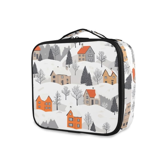 FORMRS Travel Makeup Bag Large Capacity Train Case Cosmetic Organizer with Adjustable Dividers, Beige Snow Houses