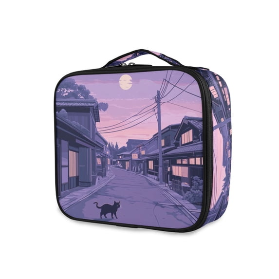 FORMRS Travel Makeup Bag Large Capacity Train Case Cosmetic Organizer with Adjustable Dividers, Black Cat Walking