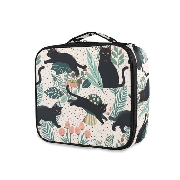 FORMRS Travel Makeup Bag Large Capacity Train Case Cosmetic Organizer with Adjustable Dividers, Black Floral Cat Pattern