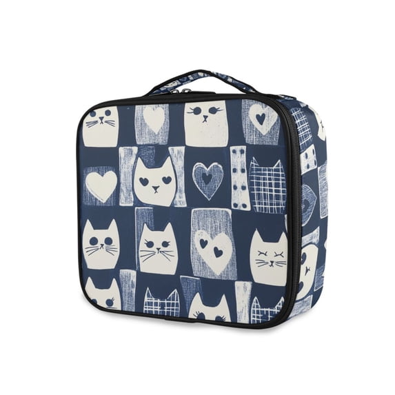 FORMRS Travel Makeup Bag Large Capacity Train Case Cosmetic Organizer with Adjustable Dividers, Blue Cats and Hearts