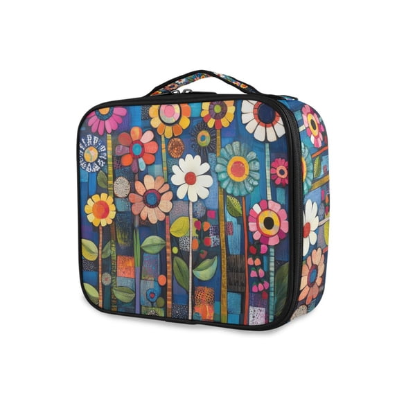 FORMRS Travel Makeup Bag Large Capacity Train Case Cosmetic Organizer with Adjustable Dividers, Blue Colorful Flowers
