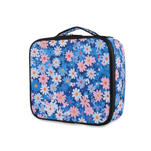 FORMRS Travel Makeup Bag Large Capacity Train Case Cosmetic Organizer with Adjustable Dividers, Blue Daisy
