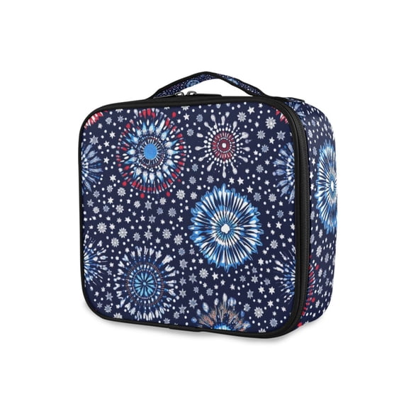 FORMRS Travel Makeup Bag Large Capacity Train Case Cosmetic Organizer with Adjustable Dividers, Blue Fireworks Pattern