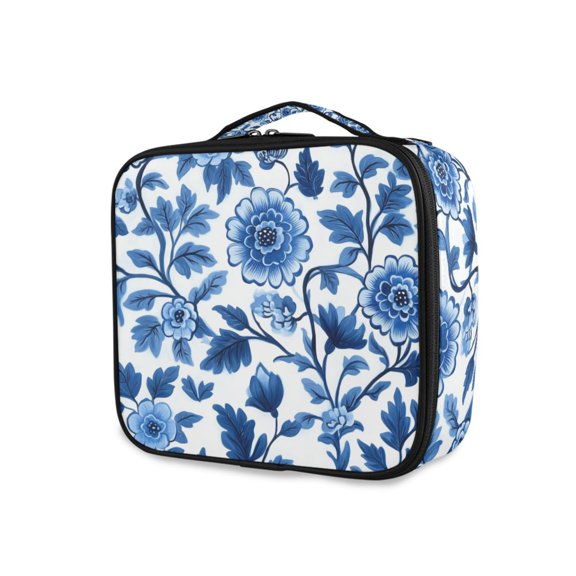 FORMRS Travel Makeup Bag Large Capacity Train Case Cosmetic Organizer with Adjustable Dividers, Blue Floral Pattern