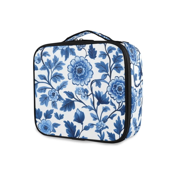 FORMRS Travel Makeup Bag Large Capacity Train Case Cosmetic Organizer with Adjustable Dividers, Blue Floral Pattern