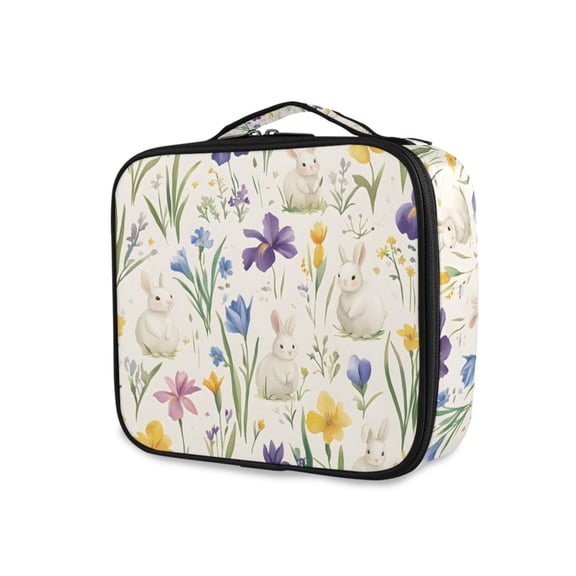FORMRS Travel Makeup Bag Large Capacity Train Case Cosmetic Organizer with Adjustable Dividers, Blue Floral Rabbit