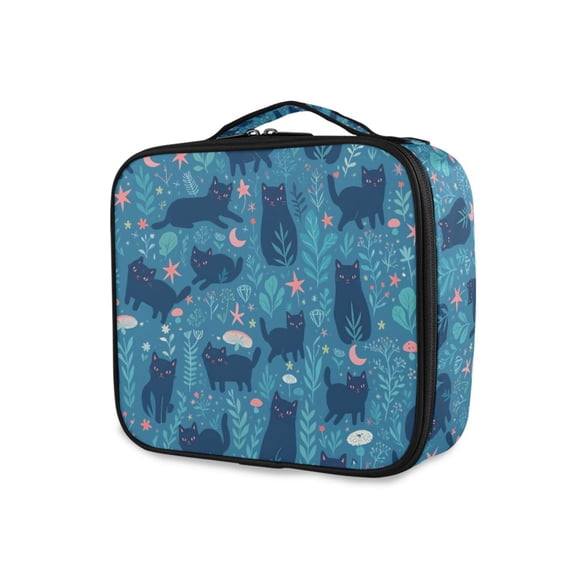 FORMRS Travel Makeup Bag Large Capacity Train Case Cosmetic Organizer with Adjustable Dividers, Blue Forest Cat Pattern