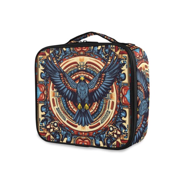 FORMRS Travel Makeup Bag Large Capacity Train Case Cosmetic Organizer with Adjustable Dividers, Blue Geometric Eagle