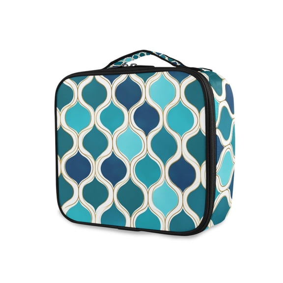 FORMRS Travel Makeup Bag Large Capacity Train Case Cosmetic Organizer with Adjustable Dividers, Blue Geometric Pattern