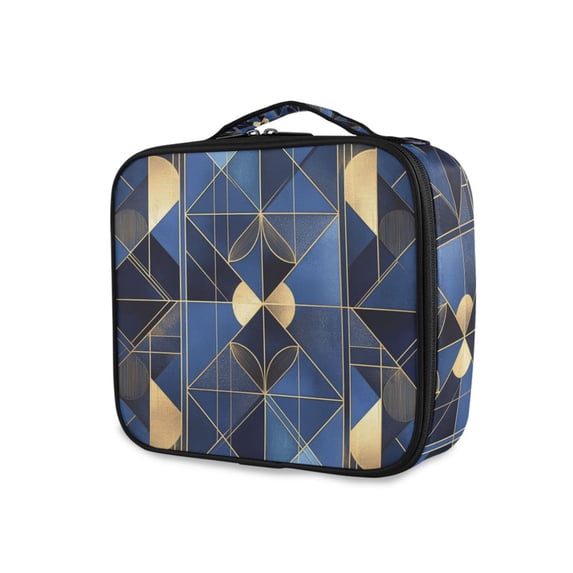 FORMRS Travel Makeup Bag Large Capacity Train Case Cosmetic Organizer with Adjustable Dividers, Blue Geometric Pattern