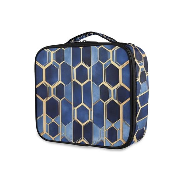 FORMRS Travel Makeup Bag Large Capacity Train Case Cosmetic Organizer with Adjustable Dividers, Blue Hexagon Pattern