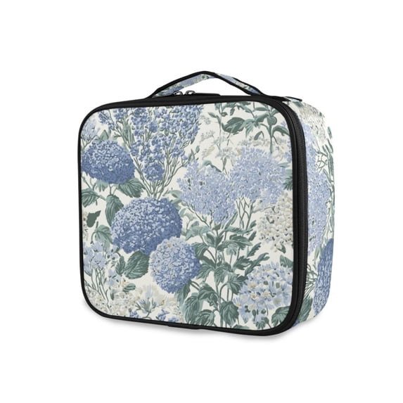 FORMRS Travel Makeup Bag Large Capacity Train Case Cosmetic Organizer with Adjustable Dividers, Blue Hydrangeas Pattern