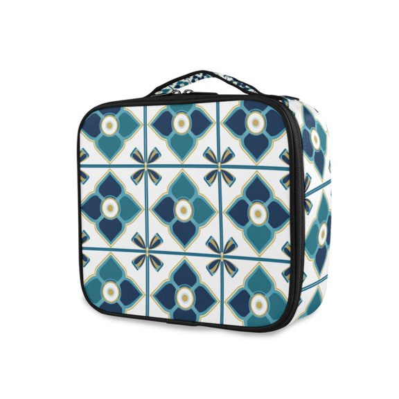 FORMRS Travel Makeup Bag Large Capacity Train Case Cosmetic Organizer with Adjustable Dividers, Blue Mosaic Pattern