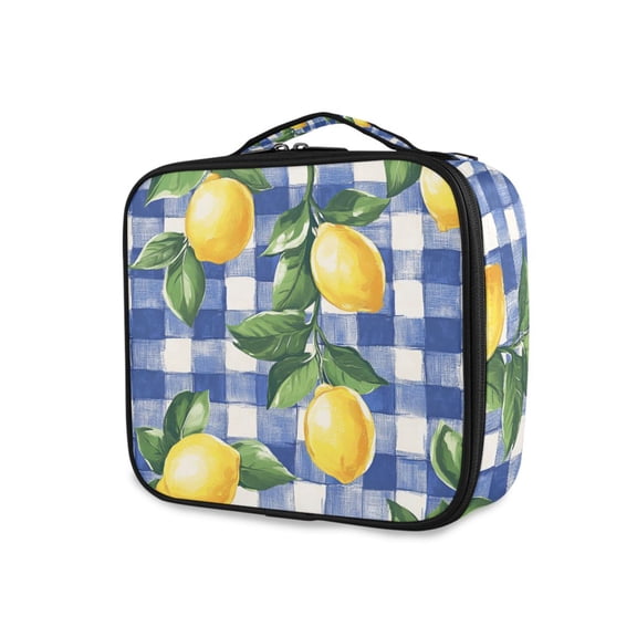 FORMRS Travel Makeup Bag Large Capacity Train Case Cosmetic Organizer with Adjustable Dividers, Blue Plaid Lemon