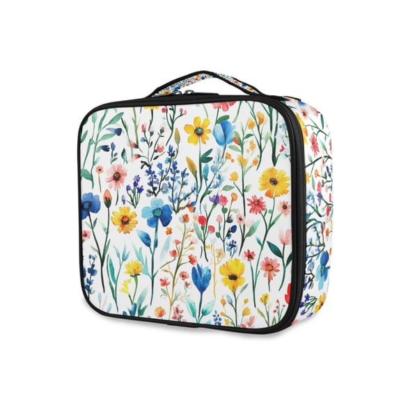 FORMRS Travel Makeup Bag Large Capacity Train Case Cosmetic Organizer with Adjustable Dividers, Blue Wildflower Pattern