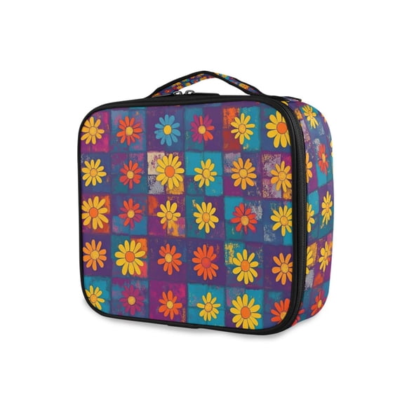 FORMRS Travel Makeup Bag Large Capacity Train Case Cosmetic Organizer with Adjustable Dividers, Colorful Checkered Daisy